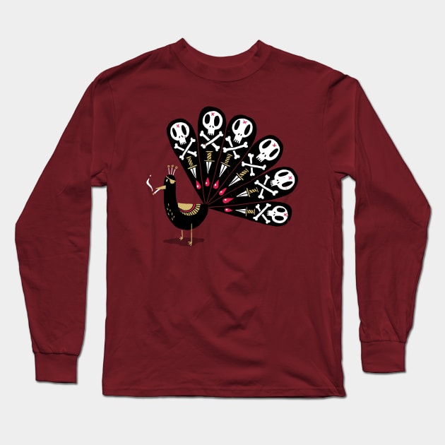 Smoking Peacock with Skulls Long Sleeve T-Shirt by DinoMike